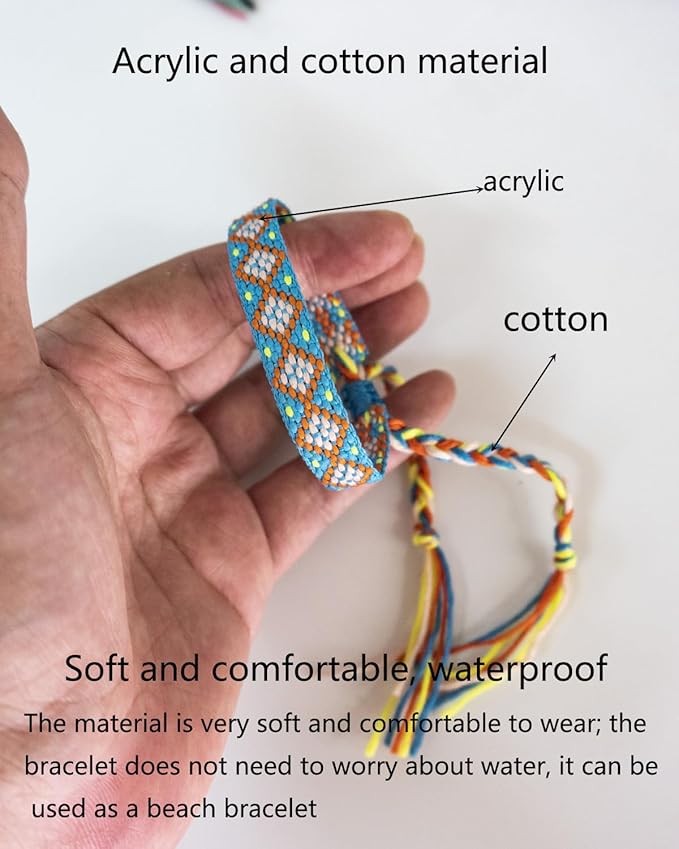 Woven Friendship Bracelets - Adjustable Nepal & Mexico Wave Anklets - 0.45 Inch Width - Diamond-Shaped Design - 12 Colorful Braided Bracelets for Best Friends, Kids, Women, Girls, and Men - Boho Surfer Beach Party VSCO Style