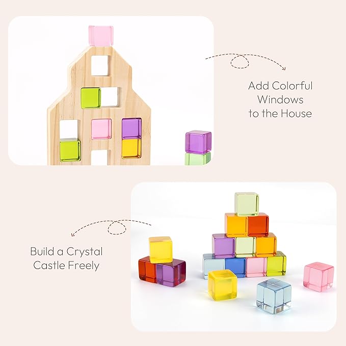 Wooden Building Blocks Set for Kids, 36 PCS Rainbow Acrylic Gem Cubes Blocks - 3 Wood House, Montessori Stacking Toy for Toddlers, Educational STEM Birthday Toys for Boys Girls 3-6