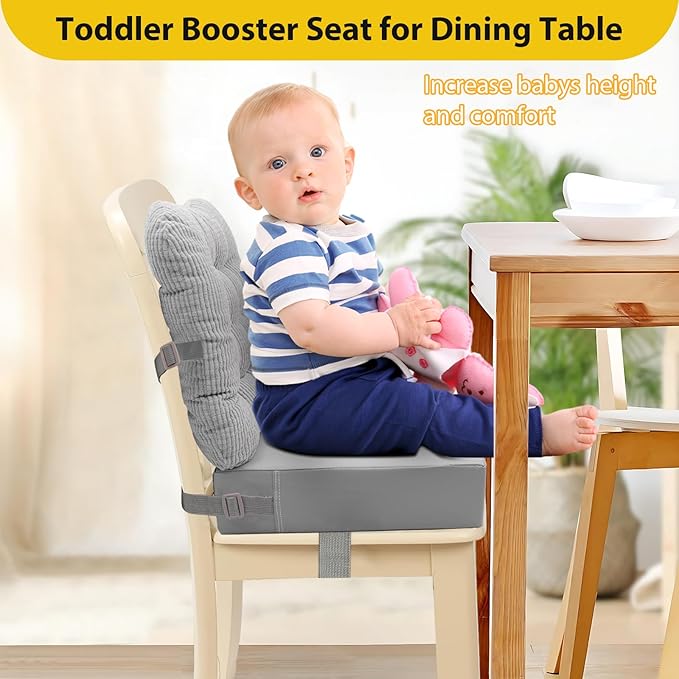 Toddler Booster Seat for Dining Table 2PC Upgraded 3.6IN Cushion with Soft Corduroy Backrest Infant Booster Seat for Kitchen Chair with Adjustable Straps - Non-Slip Base & Breathable Fabric 