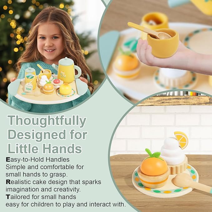 Wooden Tea Set for Toddlers Pretend Play Kitchen Accessories Little Girl Toys Tea Party Set for 3 4 5 6 Year Olds Enjoy Tea Time with Wooden Toys Toddler Tea Set