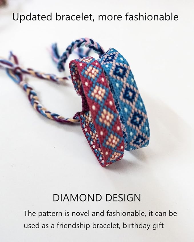 Woven Friendship Bracelets - Adjustable Nepal & Mexico Wave Anklets - 0.45 Inch Width - Diamond-Shaped Design - 12 Colorful Braided Bracelets for Best Friends, Kids, Women, Girls, and Men - Boho Surfer Beach Party VSCO Style