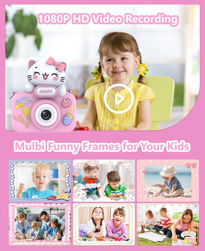 Video Kids Camcocrder, Kids Boys Digital Toddler Camera for 3 4 5 6 7 8 Years Old Birthday Gifts, 1080P Video Camera with Cute Protective Cover & 16GB TF Card, Pink