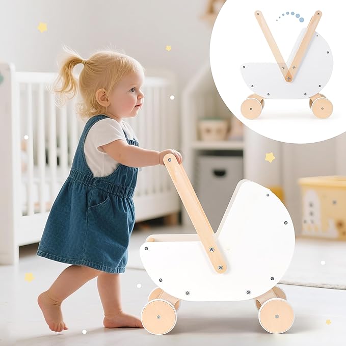Wooden Baby Walker & Doll Stroller – Adjustable Handle Push Cart, Anti‑Tip, Quiet Wheels, Pretend Shopping Cart – Montessori Wooden Walker for Babies , Doll Stroller for Toddlers 12m+