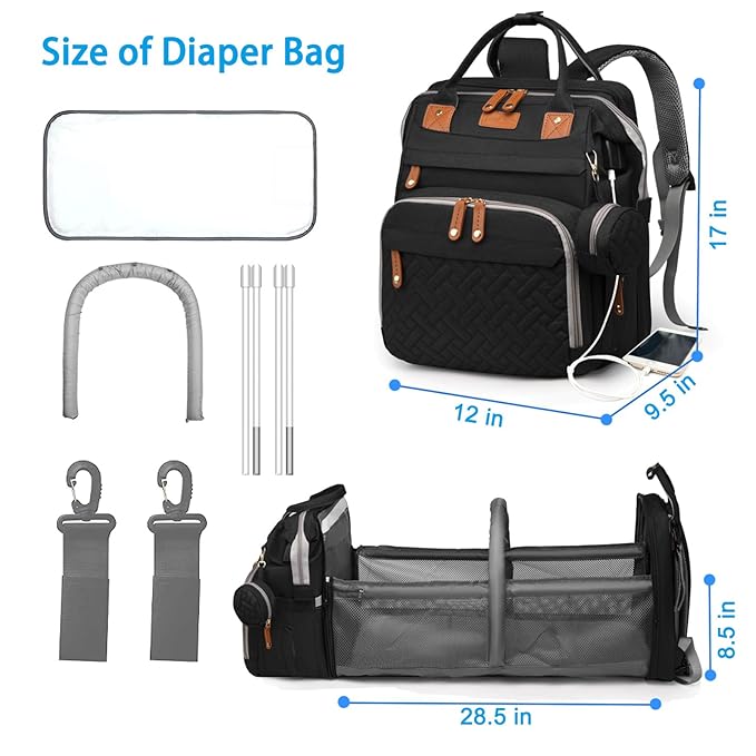 Jeryswet Baby Diaper Bags with Changing Station, Waterproof Large Capacity Diaper Bag Backpack for Moms Dads with USB Charging Port and Stroller Straps, Baby Shower Gifts, Black