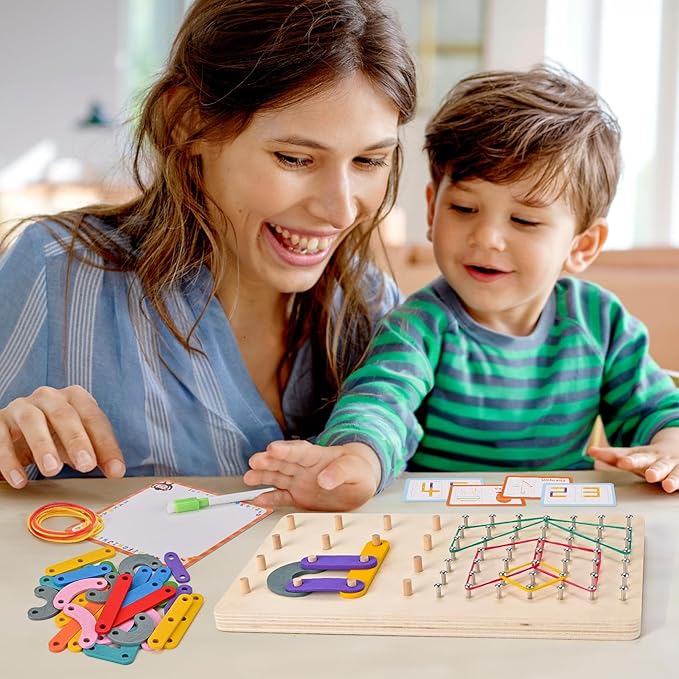 Wooden Geoboards, Wooden Letter Number Construction Puzzle Board, Montessori Toys for Kids with 20 Pattern Cards, 50 Rubber Bands to Figures and Shapes, Brain Teaser STEM Toy(9.5*6 *0.6in)