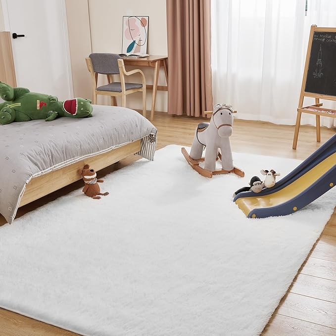 9x12 White Fluffy Plush Area Rug, Ultra Soft Bedroom Rug Indoor Carpet, Anti-Skid High Pile Luxury Rugs for Nursery, Kids Room, Playroom, Home Decoration