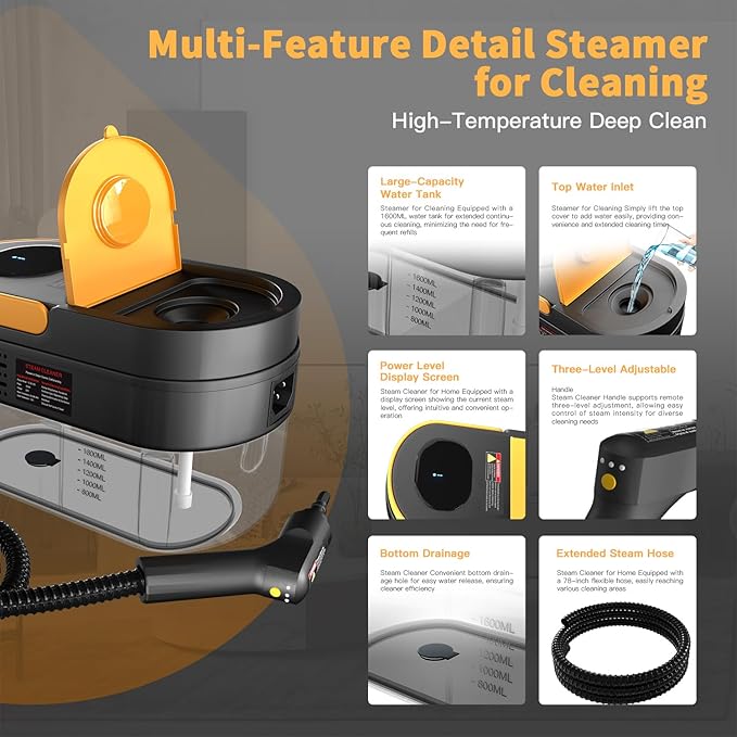 Steam Cleaner, 3-Level Adjustable Handle, 15s Heat-Up, 1.69 Quarts Tank, Portable Steamer for Cleaning with 15 pcs Accessories, Steam Cleaner for Home for Dirt, Grease, Grout, Tile,Floor, Car