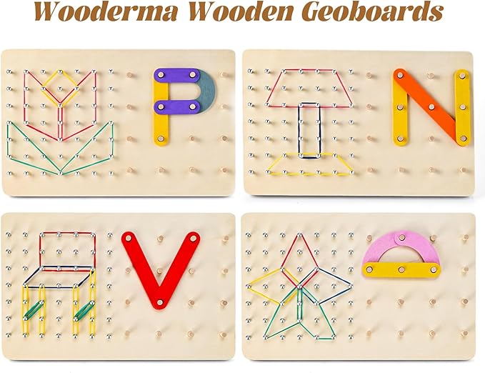 Wooden Geoboards, Wooden Letter Number Construction Puzzle Board, Montessori Toys for Kids with 20 Pattern Cards, 50 Rubber Bands to Figures and Shapes, Brain Teaser STEM Toy(9.5*6 *0.6in)