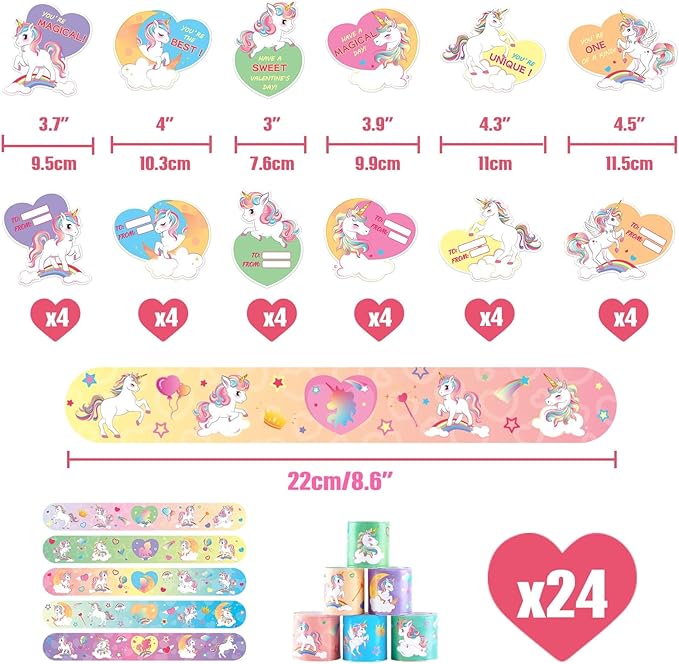 WERNNSAI 24 Pack Unicorn Valentine Cards with Unicorn Slap Bracelet for Kids Unicorn Party Favor Rainbow Unicorn Slap Wristbands for Classroom Baby Shower Party Exchange Greeting Cards Gift