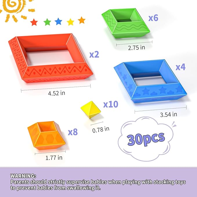 Blocks Building Toys for Toddlers 1-3 3-5, Pyramid Stacking Blocks Preschool Educational Toys for Ages 2 3 4 5 6 Boys & Girls Learning Stem Sensory Toys Kids Birthday, 30PCS