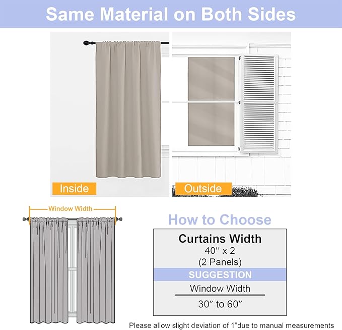 Simplebrand Ava Stone Short 36 Inches Blackout Curtain 2 Panels Set, Half Window Rod Pocket Privacy Curtain Tiers for Kitchen, Curtains Blackout for Bathroom Shades, W40 x L36 Inch, Stone