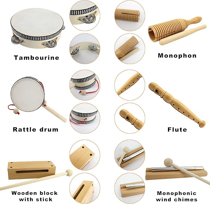 VINJOE Wooden Music SetโKids Musical Instruments Toys, Natural Wood Percussion Instruments Toy for Kids Preschool Education Baby Musical Toys Instrument Set for Toddlers Best Gifts for Christmas