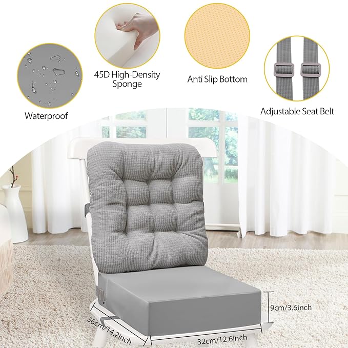 Toddler Booster Seat for Dining Table 2PC Upgraded 3.6IN Cushion with Soft Corduroy Backrest Infant Booster Seat for Kitchen Chair with Adjustable Straps - Non-Slip Base & Breathable Fabric 