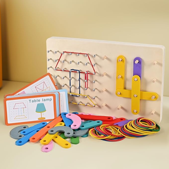 Wooden Geoboards, Wooden Letter Number Construction Puzzle Board, Montessori Toys for Kids with 20 Pattern Cards, 50 Rubber Bands to Figures and Shapes, Brain Teaser STEM Toy(9.5*6 *0.6in)