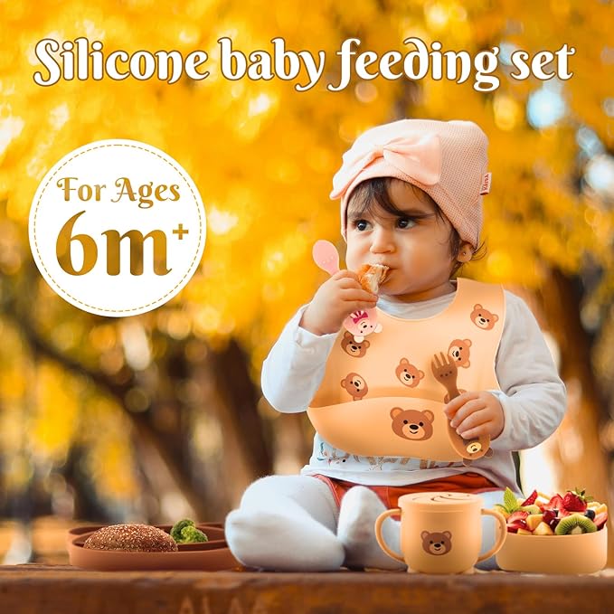 Silicone Baby Feeding Set 7 Pcs, Baby Led Weaning Supplies, Baby Feeding EatincSupplies Set BPA Free, Baby Essentialsfor Newborn Gift Bear