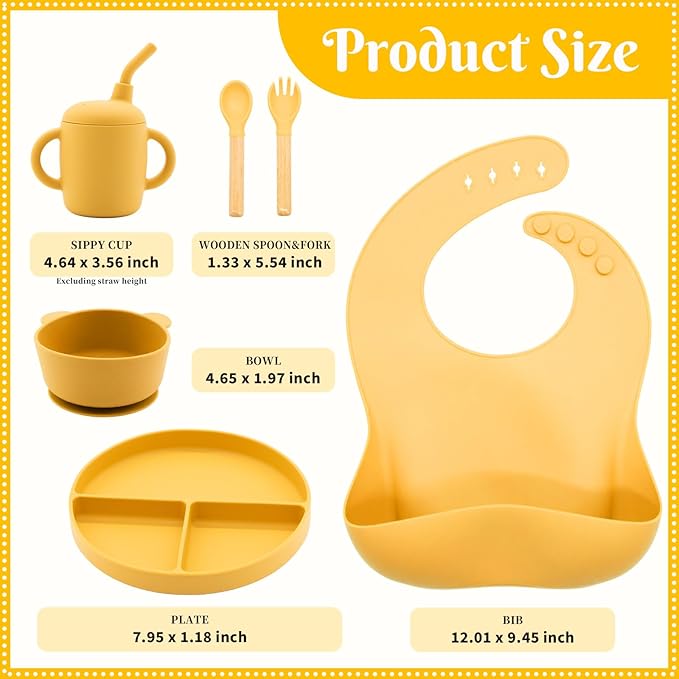 Silicone Baby Feeding Set, 6 Pcs, Baby Led Weaning Supplies, BPA Free, Yellow