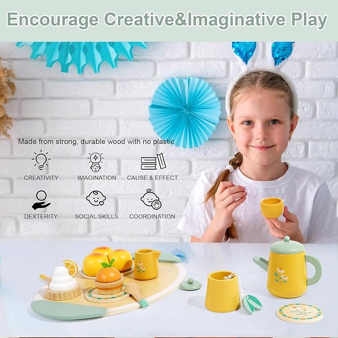 Wooden Tea Set for Toddlers Pretend Play Kitchen Accessories Little Girl Toys Tea Party Set for 3 4 5 6 Year Olds Enjoy Tea Time with Wooden Toys Toddler Tea Set