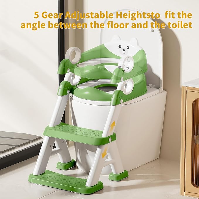 Potty Training Seat,Non Slip Foldable Toilet Training Seat with Soft Cushion, Comfortable HandlesUpgrade Toddler Toilet Seat for Kids Boys Girls,Potty Training Toilet Seat with Step Stool Ladder,Green