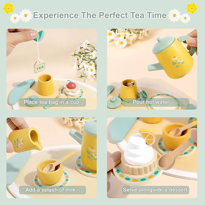 Wooden Tea Set for Toddlers Pretend Play Kitchen Accessories Little Girl Toys Tea Party Set for 3 4 5 6 Year Olds Enjoy Tea Time with Wooden Toys Toddler Tea Set