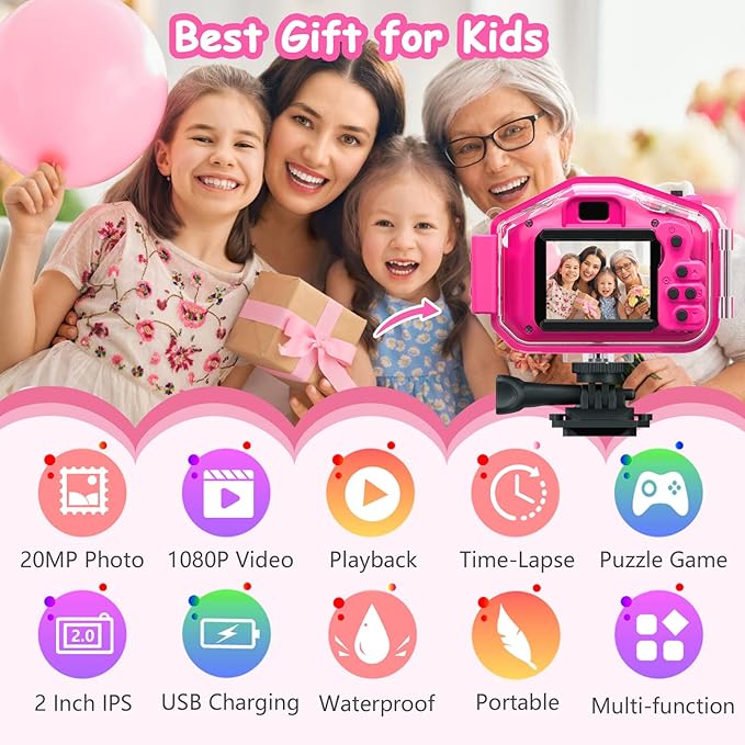 Agoigo Kids Waterproof Camera - Children Underwater HD Video Digital Camcorder, Portable Travel Toy for Toddler - Ideal Christmas Birthday Gifts for Boys Girls Age 3-12 with 32GB Card (Rose Red)