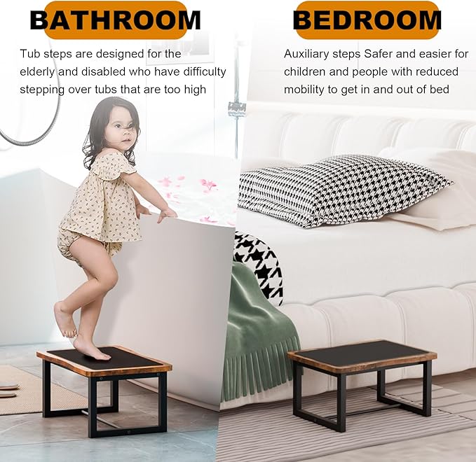 Wooden Step Stool with Non-Slip mat,Bed Steping Stool for Adult Hold up to 500lbs,Wood One Step for Kitchen, Bedroom, Living Room, Bathroom… (Brown)