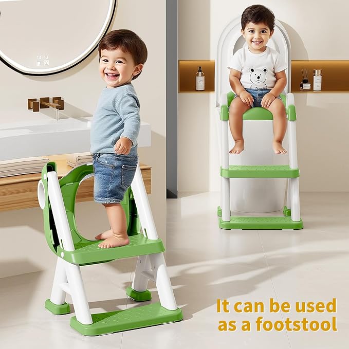 Potty Training Seat,Non Slip Foldable Toilet Training Seat with Soft Cushion, Comfortable HandlesUpgrade Toddler Toilet Seat for Kids Boys Girls,Potty Training Toilet Seat with Step Stool Ladder,Green