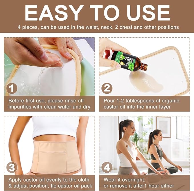 4 Pcs Castor Oil Pack Wrap Organic Cotton for Liver Detox, Stomach, Belly, Neck, Breast & Entire Body, Reusable Pads Kit for Hot/Cold Compress with Adjustable Elastic Strap, Waterproof & Anti Oil Leak