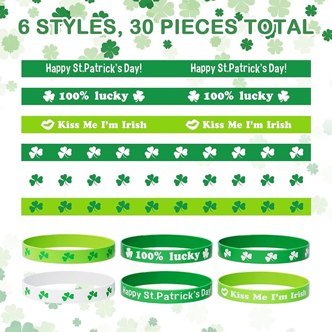 St Patricks Day Bracelets for Kids 30PCS Shamrock Rubber Bracelets Bulk St. Patrick's Day Party Favors Goodie Bag Stuffers Supplies Green Irish Wristbands St Patricks Day Accessories Treats Gifts