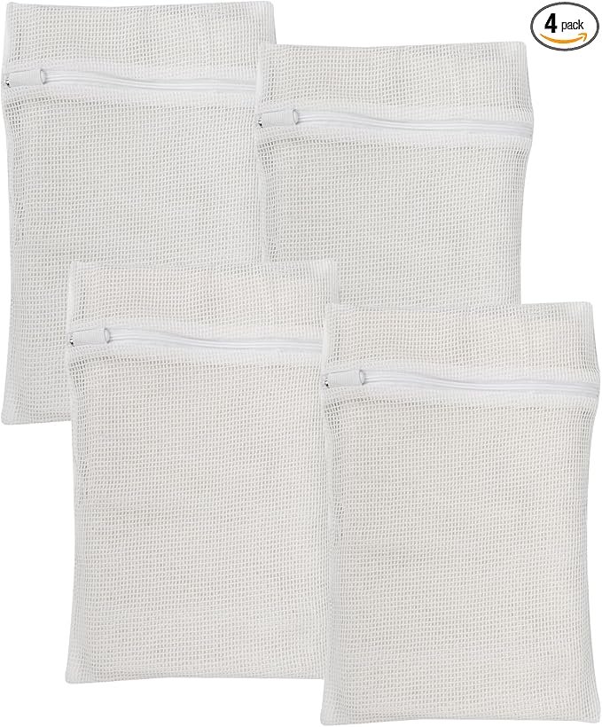 4 Piece White Small, Durable Organic Cotton Mesh Laundry Bag with Strong Zipper and Breathable Mesh, Delicate Laundry Bag for Underwear, Clothes, Pants and Socks