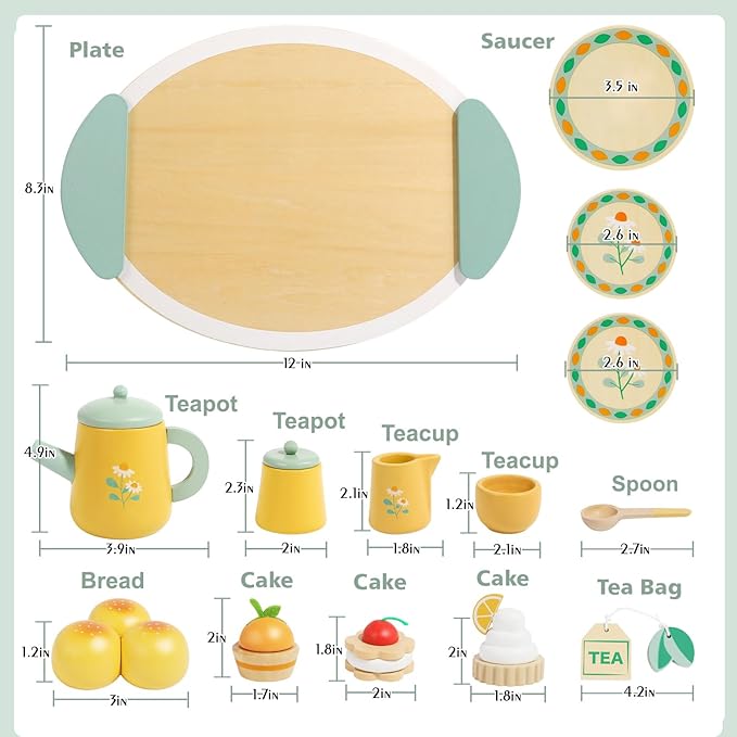 Wooden Tea Set for Toddlers Pretend Play Kitchen Accessories Little Girl Toys Tea Party Set for 3 4 5 6 Year Olds Enjoy Tea Time with Wooden Toys Toddler Tea Set