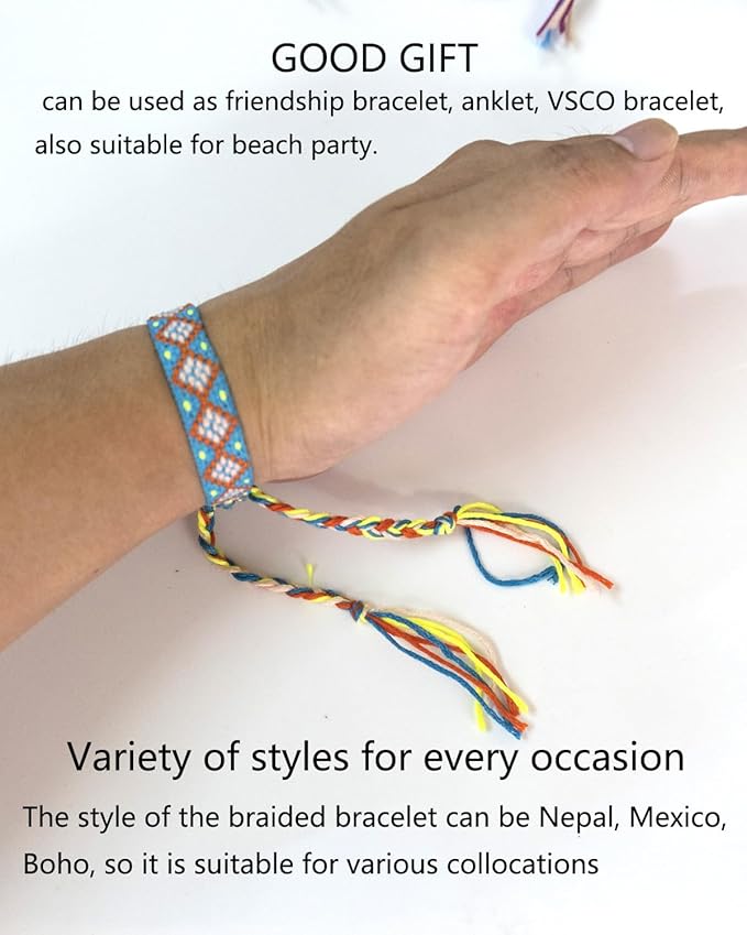 Woven Friendship Bracelets - Adjustable Nepal & Mexico Wave Anklets - 0.45 Inch Width - Diamond-Shaped Design - 12 Colorful Braided Bracelets for Best Friends, Kids, Women, Girls, and Men - Boho Surfer Beach Party VSCO Style