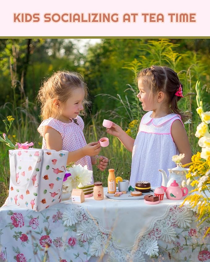 Wooden Tea Sets for Toddlers 3-5, Tea Party Set for Little Girls 4-6, Tea Set Wooden Play Food Set, Kids Kitchen Accessories 2 Year Old Girl Gifts