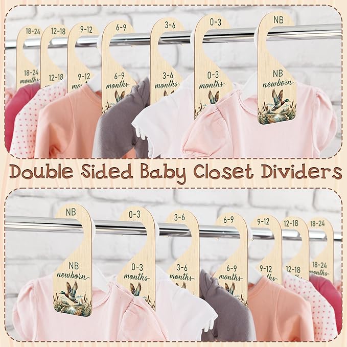 R HORSE Wooden Baby Closet Dividers - 8Pcs Mallard Duck Baby Closet Organizer Double-Sided Newborn Clothes Size Hanger Dividers Nursery Decor Birthday Gift for Boy Girl (0-24 Months)