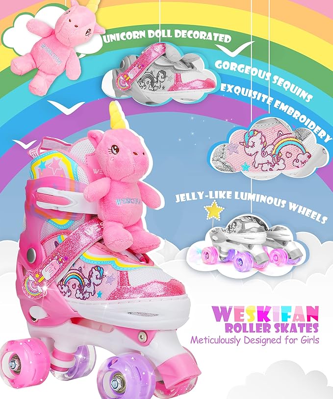 Unicorn Doll Kids Toddler Roller Skates for Girls,WESKIFAN Quad Skating Shoes with Shiny Light up Wheels&Adjustable Sizes Beginners rollerskates for Birthday Xmas Gifts,Patines para NiƱas NiƱos