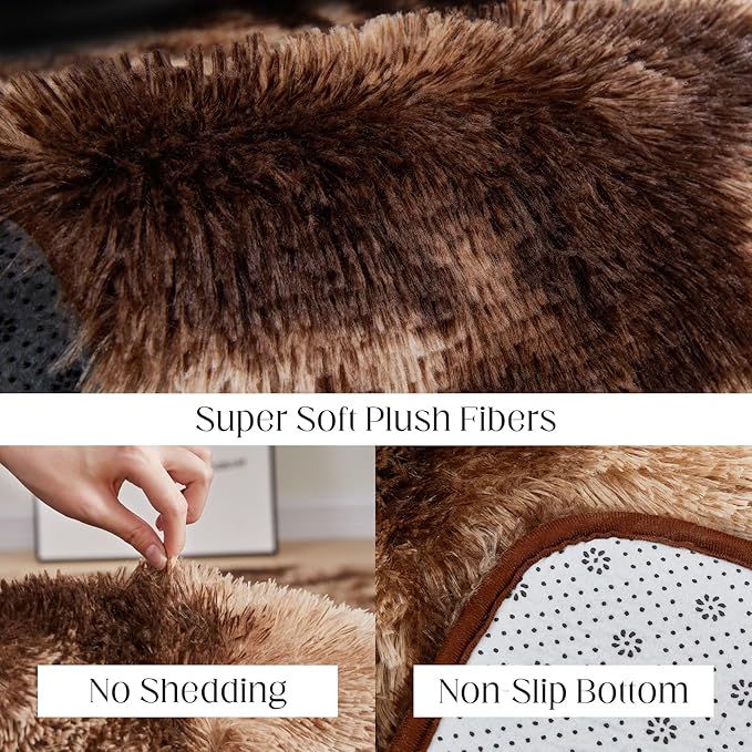 Fluffy Shag Area Rug, 3x5 Tie-Dyed Brown Rugs for Bedroom, Soft Plush Area Rugs for Living Room, Non-Slip Indoor Carpet for Nursery, Study Room, Dressing Room, Home Decor