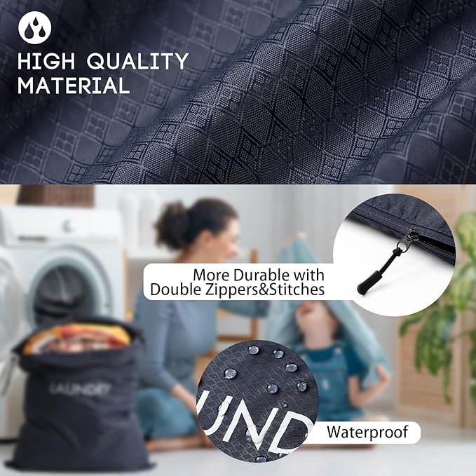 Travel Laundry Bag (2 Pcs - Large + Small) - Foldable Waterproof Washable Wet Dry Bag for Gym, Swimming, Yoga, and Workout Perfect for Dirty Clothes, Bathing Suits, Travel Accessories - Navy Blue