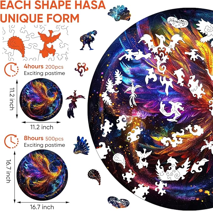 Wooden Puzzles for Adults, Phoenix Puzzle Color Challenge Jigsaw Puzzles 200 Piece, (Medium,11.2 in) Thickened Unique Shapes Family Reunion Puzzle, Best Gift for Adults and Kids, Family Game
