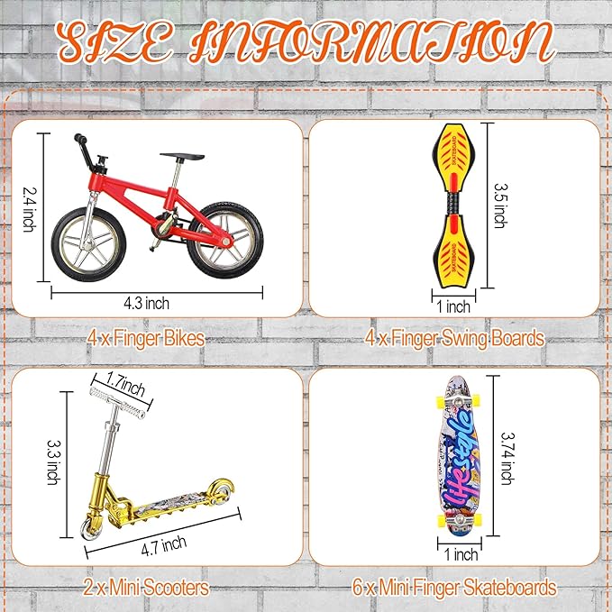 Skylety 31 Pieces Mini Finger Toys Set for Boy Girl Includes 6 Finger Skateboards, 4 Bikes, 2 Mini Scooters 4 Swing Board 8 Matched Wheels 7 Tool Accessories Educational Toy Party Favor(Novel)