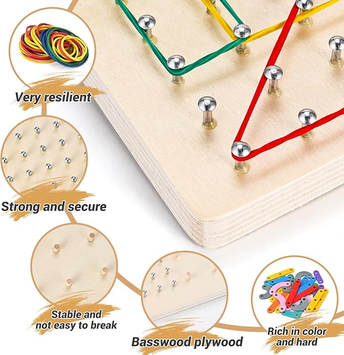 Wooden Geoboards, Wooden Letter Number Construction Puzzle Board, Montessori Toys for Kids with 20 Pattern Cards, 50 Rubber Bands to Figures and Shapes, Brain Teaser STEM Toy(9.5*6 *0.6in)