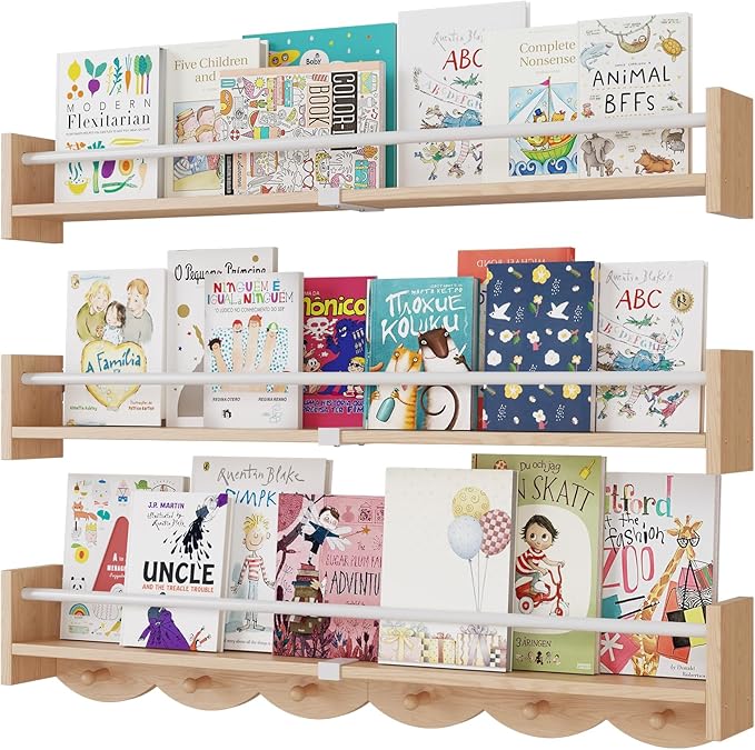 Nursery Bookshelves Wall Mounted,34inch,Set of 3, Floating Shelf Kids Coat Rack with 6Hooks,Hanging Shelf for Baby Nursery Room Décor, Patent Number: 29924445,Burlywood