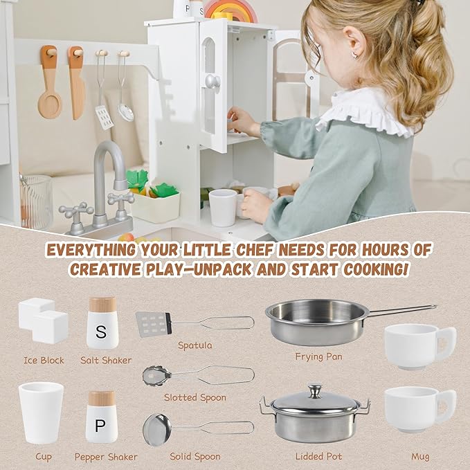 Wooden Play Kitchen for Toddlers and Kids with Lights & Sounds, Large Interactive Pretend Play Set with Ice Maker, Stove, Sink, Oven, 12 Accessories - Ages 3-8