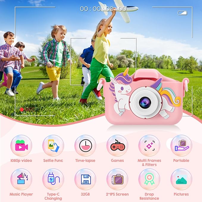 Kids Camera, Toys for Toddlers Age 3-8 Year Old Girl Christmas Birthday Gifts, Children Digital Camera with Cartoon Soft Silicone Cover and 32GB Card (Sakura Pink)