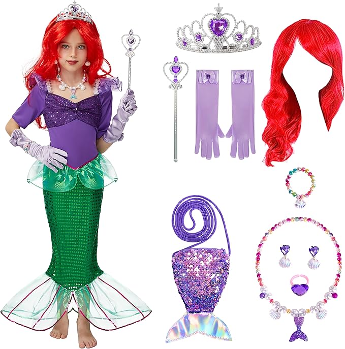 Spooktacular Creations Halloween Little Mermaid Costume for Girls, Sequin Mermaid Dress Set, Dark Purple Princess Dress for Toddler Dress-Up, Cosplay Party (Large, 10-12 yrs)