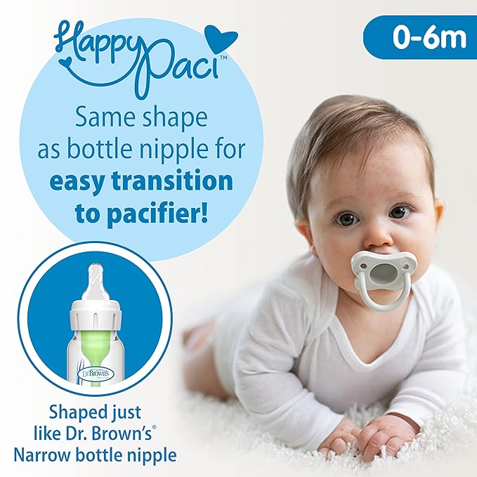 Dr. Brown's Natural Flow Anti-Colic Options+ Narrow Breast to Bottle Pump & Store Feeding Set with Slow Flow Nipples, Baby Travel Caps and 100% Silicone HappyPaci One-Piece Pacifier, Blue
