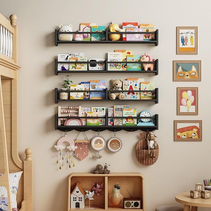 34Inch Nursery Bookshelves,Set of 4,Wall Floating Shelf Kids Coat Rack with 6Hooks,Hanging Book Shelf for Baby Nursery Room Décor ,Patent Number: 29958098(Black, 34)