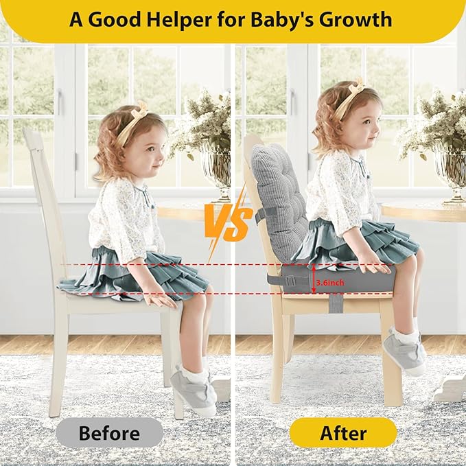 Toddler Booster Seat for Dining Table 2PC Upgraded 3.6IN Cushion with Soft Corduroy Backrest Infant Booster Seat for Kitchen Chair with Adjustable Straps - Non-Slip Base & Breathable Fabric 