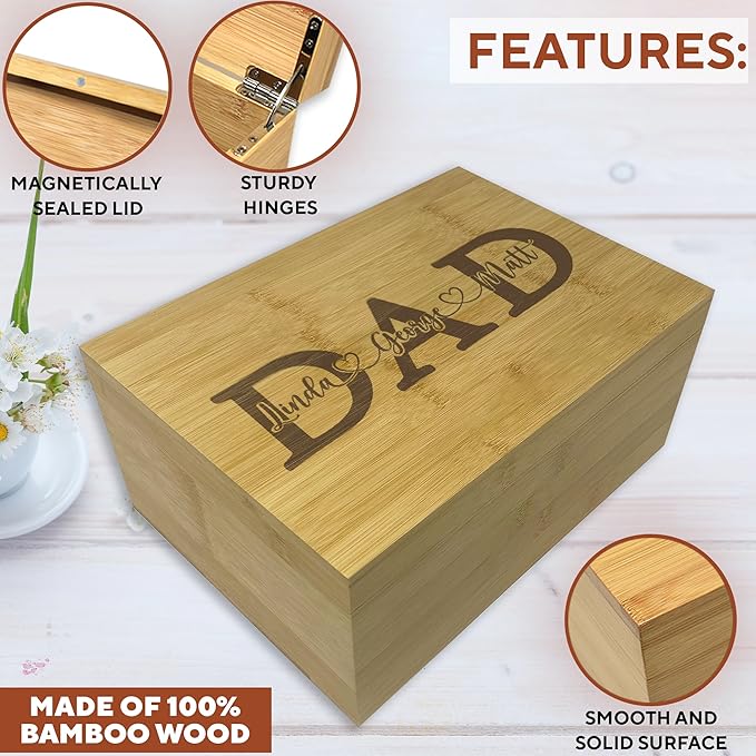 Dad Gifts from Son - Custom Engraved Wooden Box with Kids Names, Unique First Father's Day Gift Ideas, Customized Gifts for Dad for Christmas, Papa Grandpa Gift Fathers Day from Grandkids 11x8x4.75 in