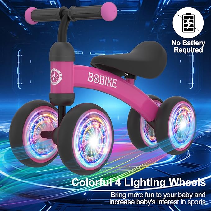 Baby Balance Bike Toys for 12-36 Months Kids Toy Boy and Girls Gifts Toddler Best First Birthday Gift Children Walker No Pedal Infant 4 Wheels Bicycle (Colorful, Rose Red-Light)