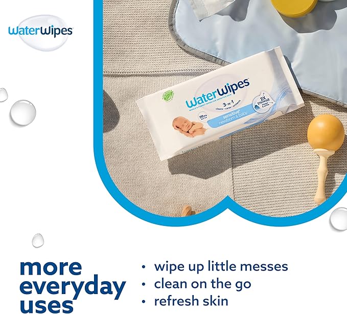 WaterWipes Sensitive+ Newborn & Baby Wipes, 3-In-1 Cleans, Cares, Protects, 99.9% Water, Unscented & Hypoallergenic, 540 Count (9 Packs)