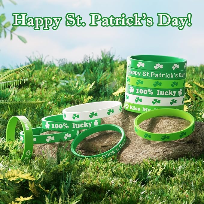 St Patricks Day Bracelets for Kids 30PCS Shamrock Rubber Bracelets Bulk St. Patrick's Day Party Favors Goodie Bag Stuffers Supplies Green Irish Wristbands St Patricks Day Accessories Treats Gifts